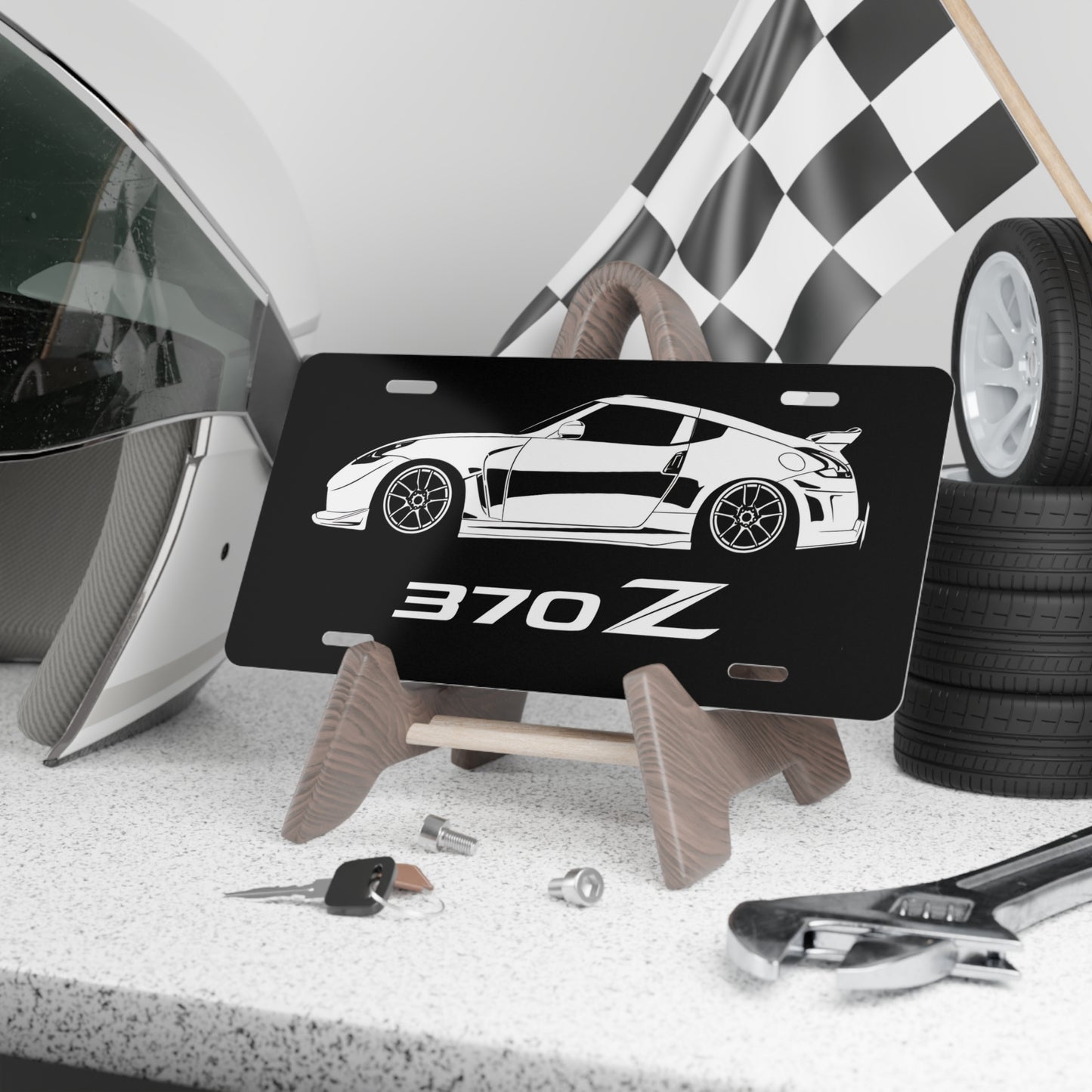 370 Z Front Vanity License Plate, Black and White Sports Car Custom Car Tag