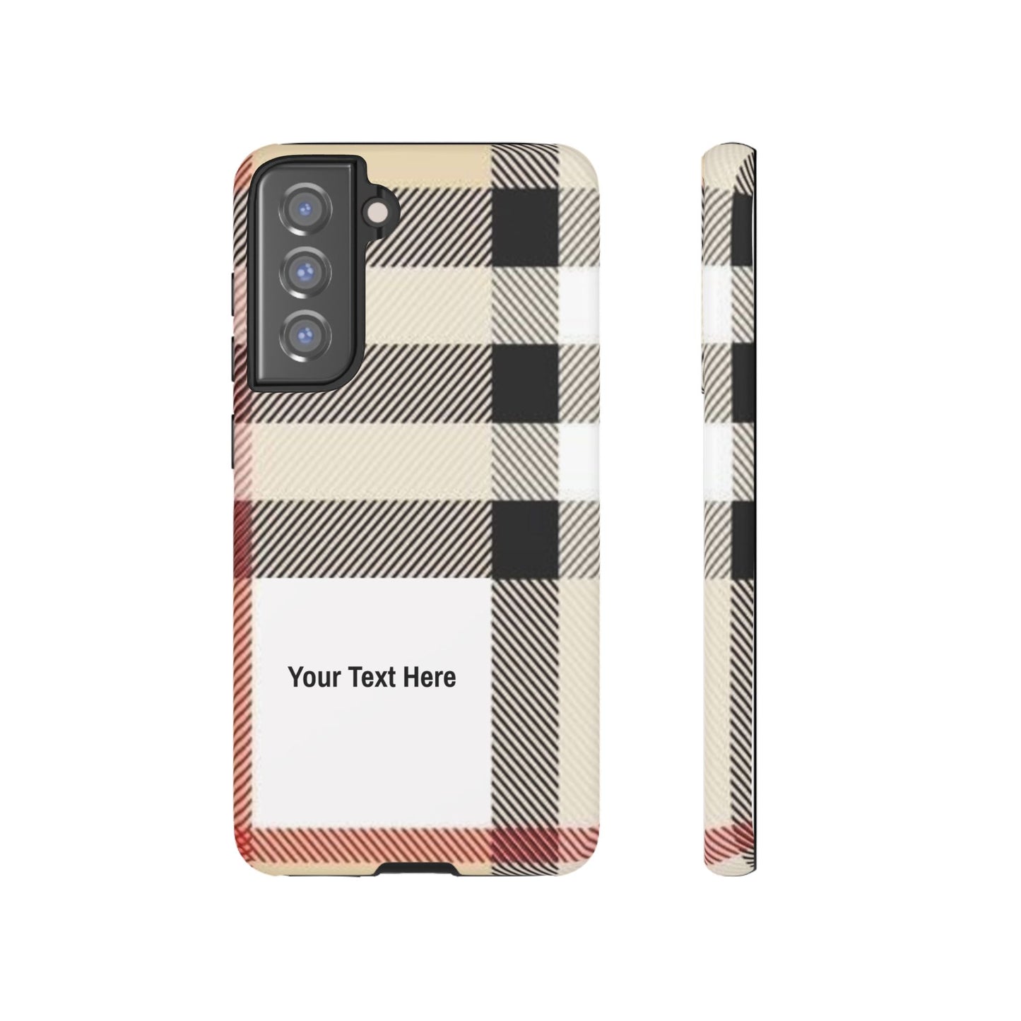 Beige Plaid Personalized Name/Initial Tough Cases For iPhones, Galaxy And Google Pixel