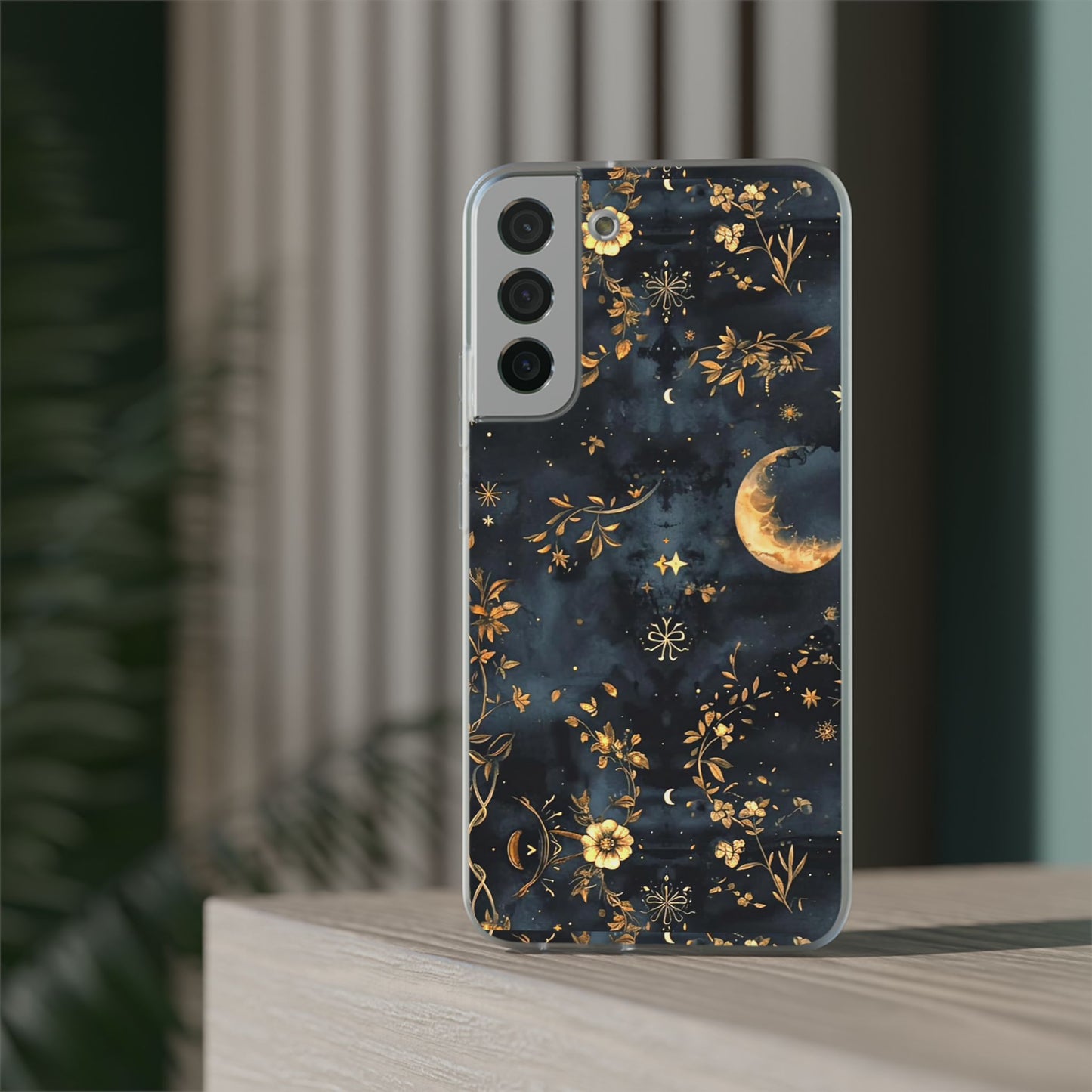Moon And Flowers On Navy TPU Flexi Cases For iPhones and Samsung Galaxy