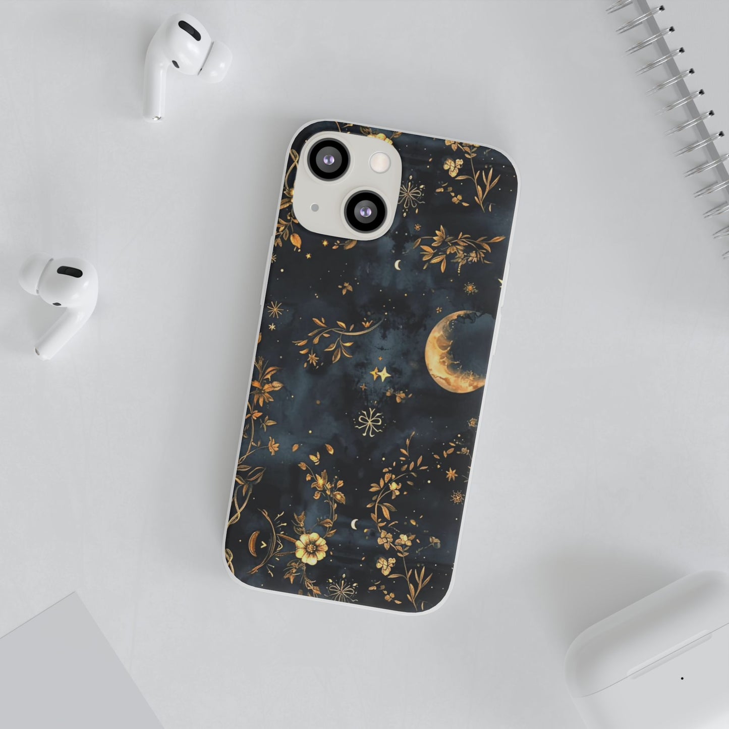 Moon And Flowers On Navy TPU Flexi Cases For iPhones and Samsung Galaxy