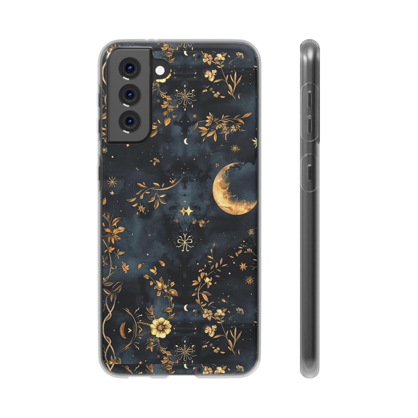 Moon And Flowers On Navy TPU Flexi Cases For iPhones and Samsung Galaxy