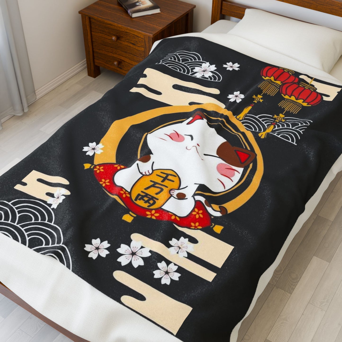 Lucky Cat-Themed Velveteen Plush Blanket, JDM Drift Car Decor, Gifts