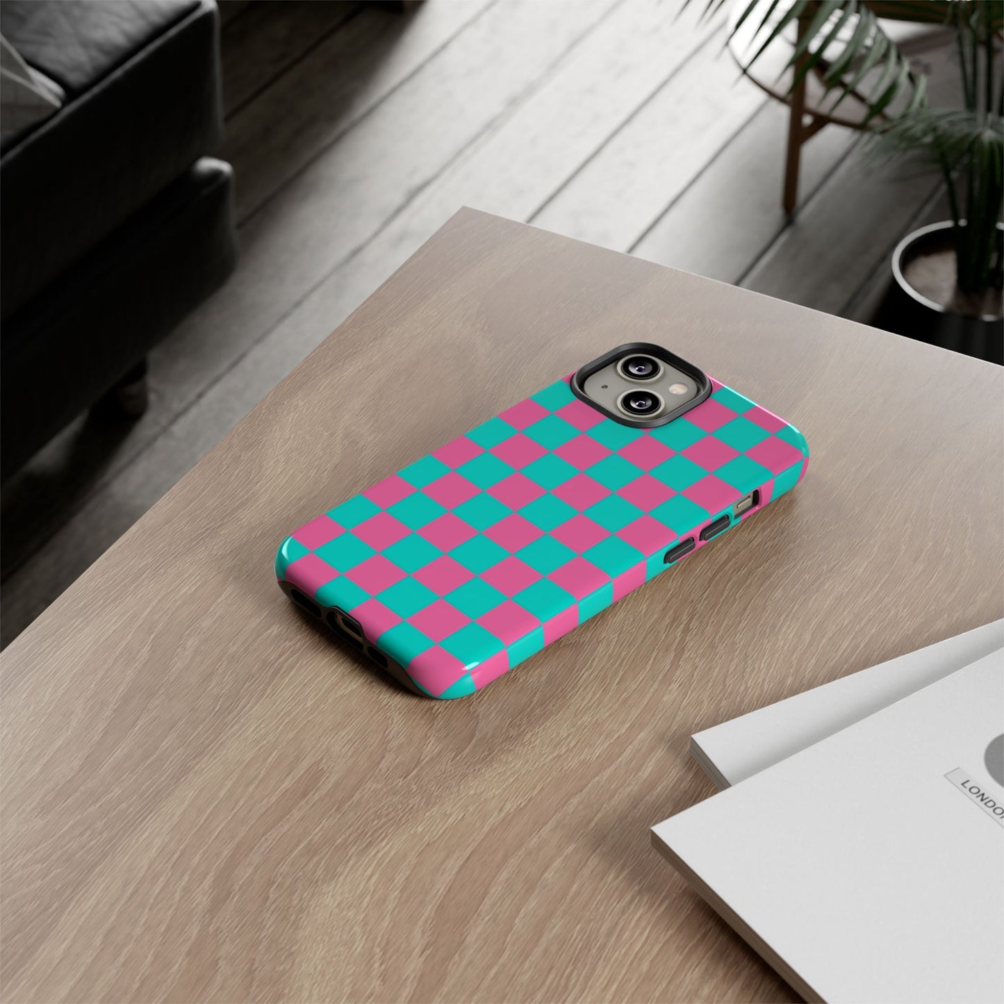 Hot Pink And Teal Checker Pattern Tough Case for iPhone, Galaxy Phones and Google Pixel