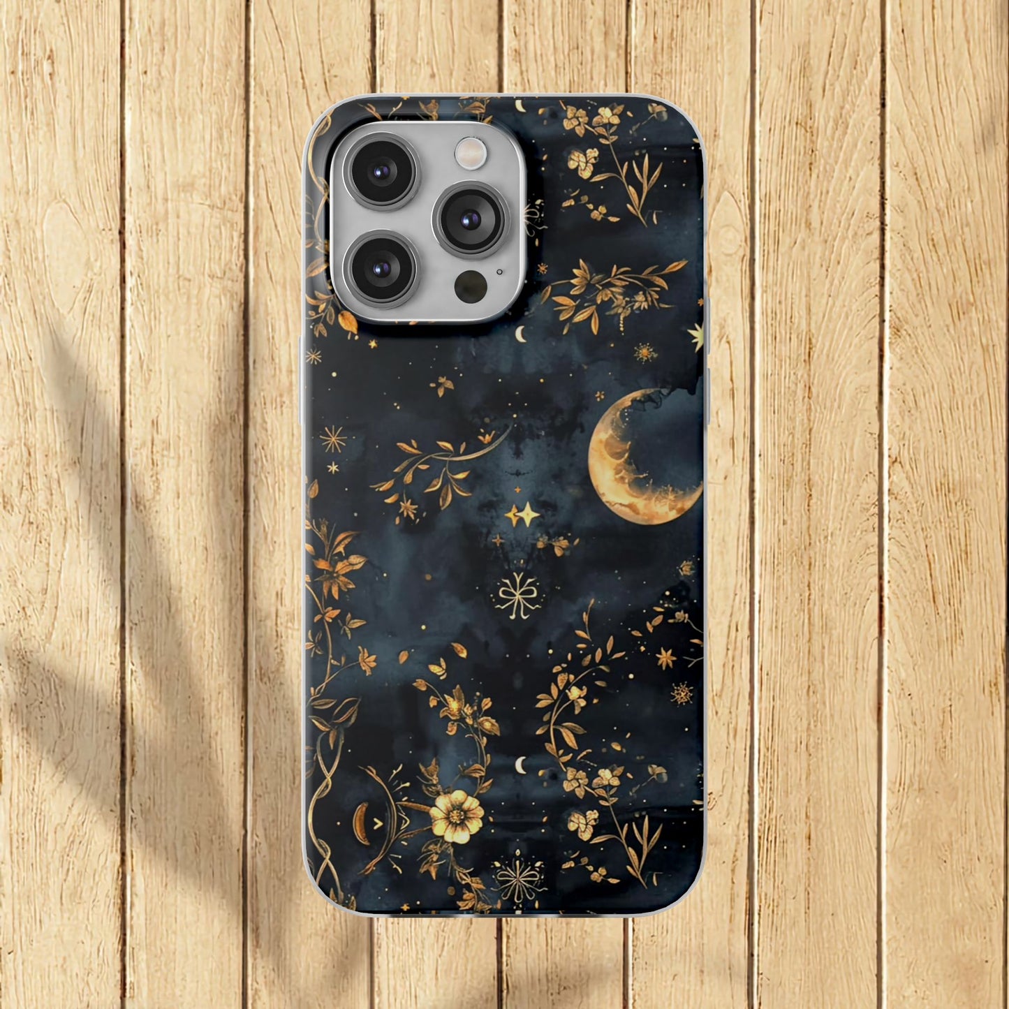 Moon And Flowers On Navy TPU Flexi Cases For iPhones and Samsung Galaxy