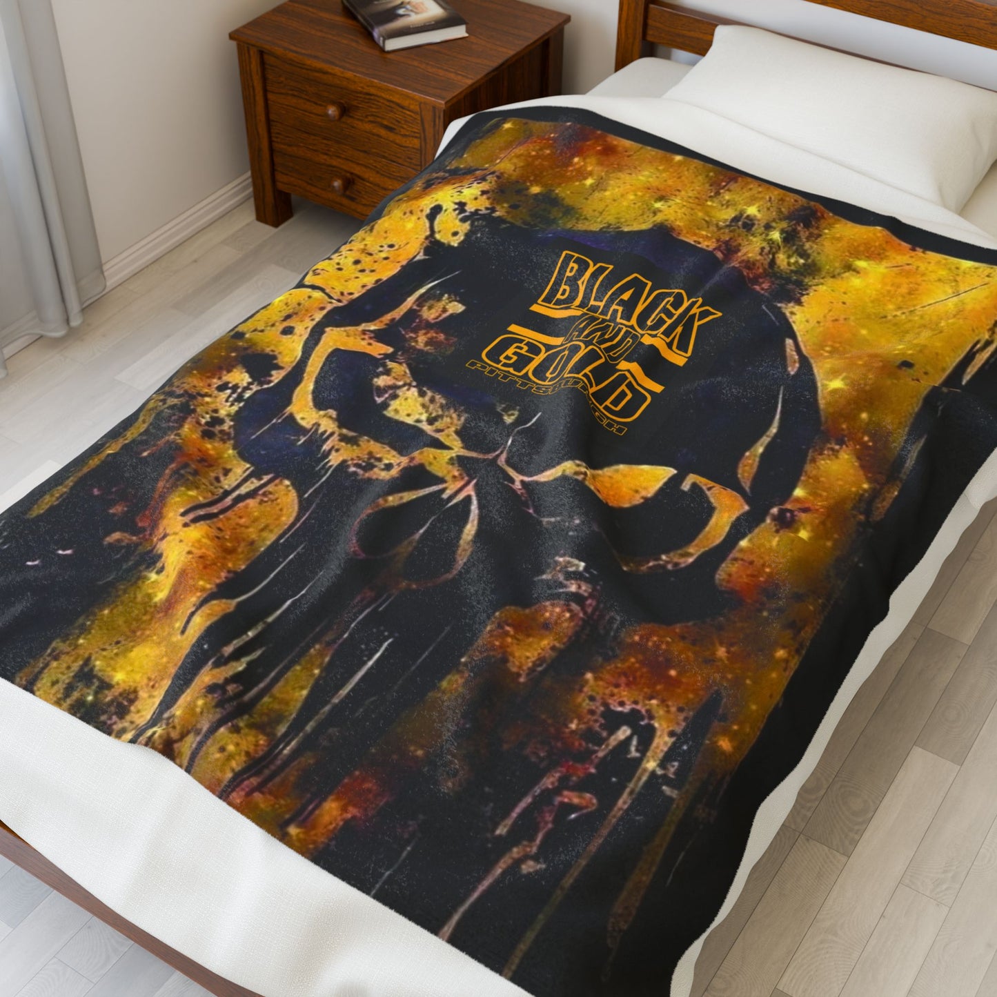 Black and Gold Jake Skull Pittsburgh Sports Blanket | Grunge Splatter Gift Throw