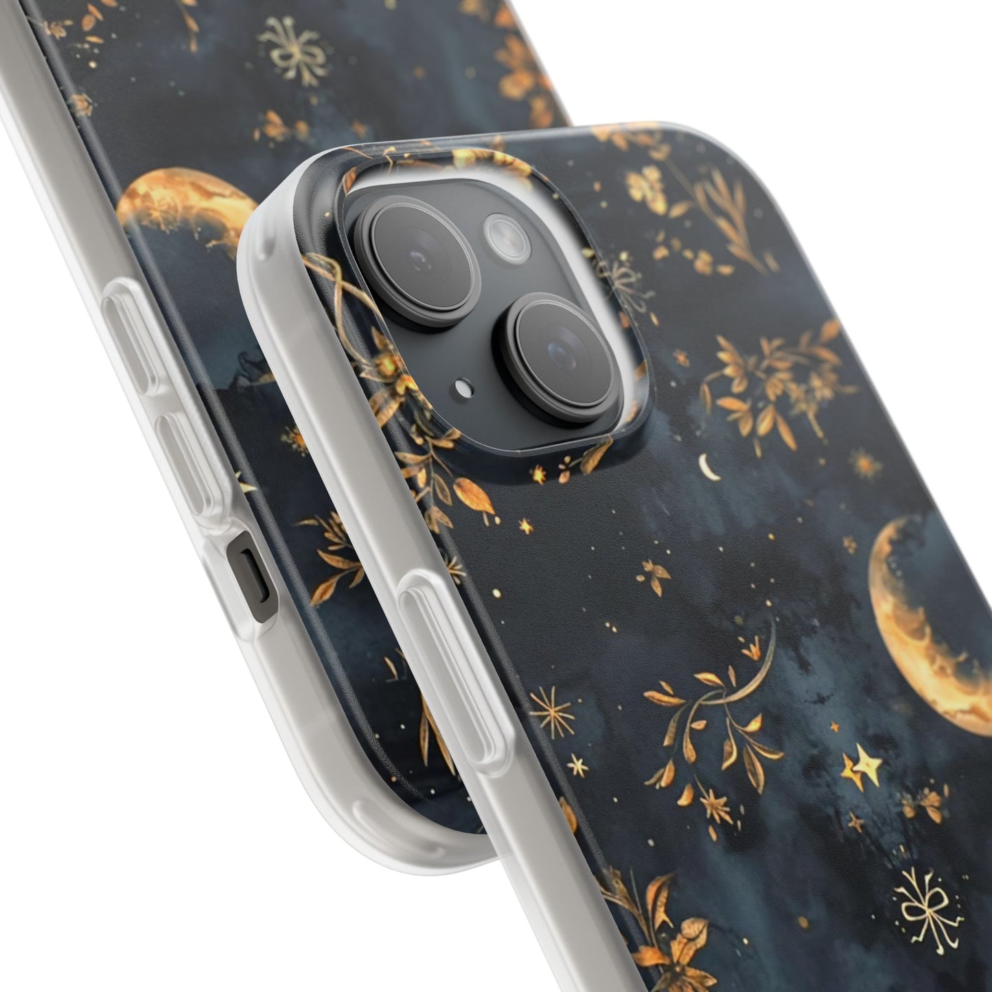Moon And Flowers On Navy TPU Flexi Cases For iPhones and Samsung Galaxy