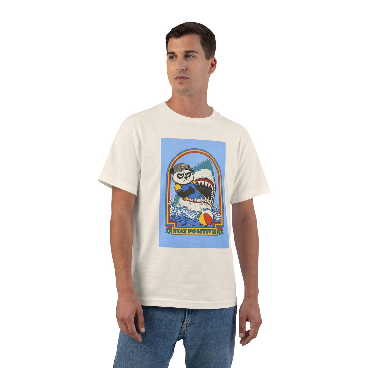 Stay Positive Bear & Shark, Surfer Cat Graphic T-Shirt | Retro Beach Vibes