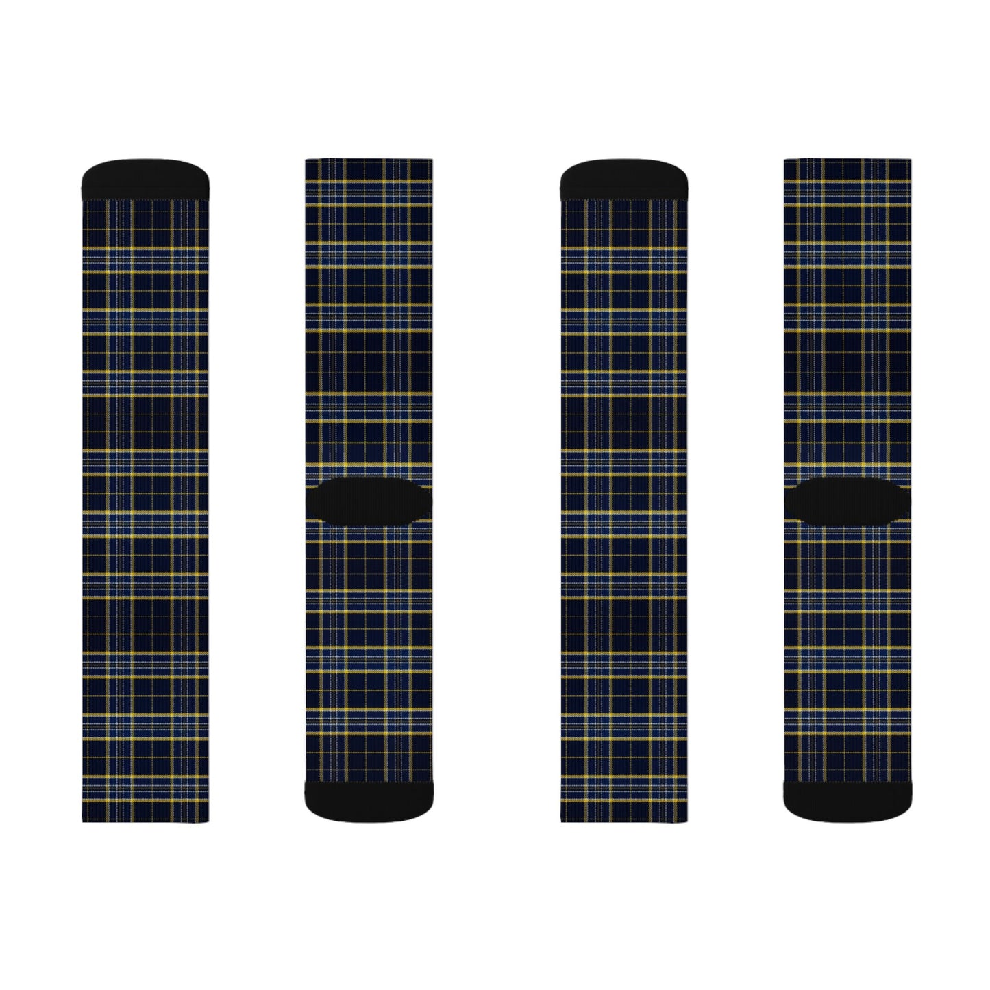 Navy Yellow Plaid Sublimation Socks | Tartan Pattern Crew Socks