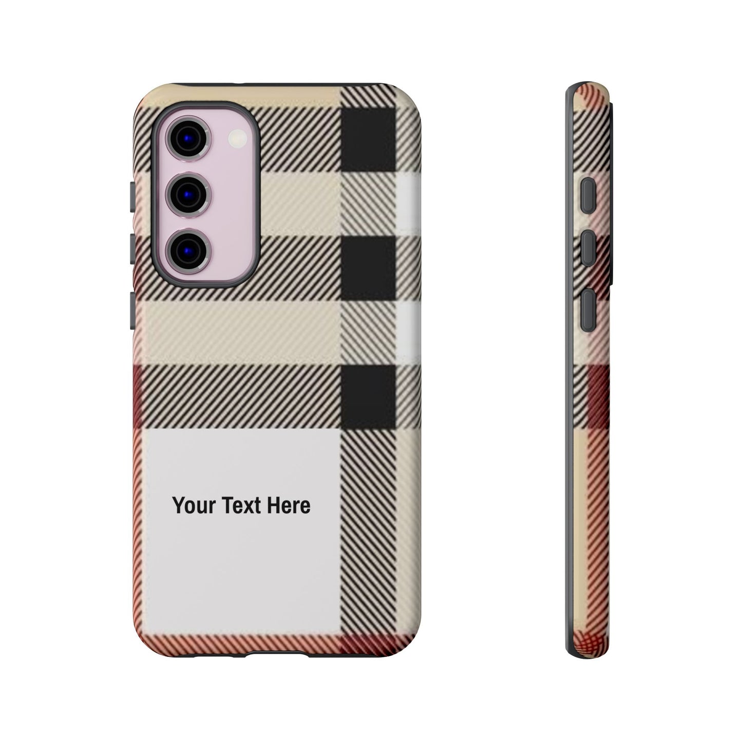 Beige Plaid Personalized Name/Initial Tough Cases For iPhones, Galaxy And Google Pixel