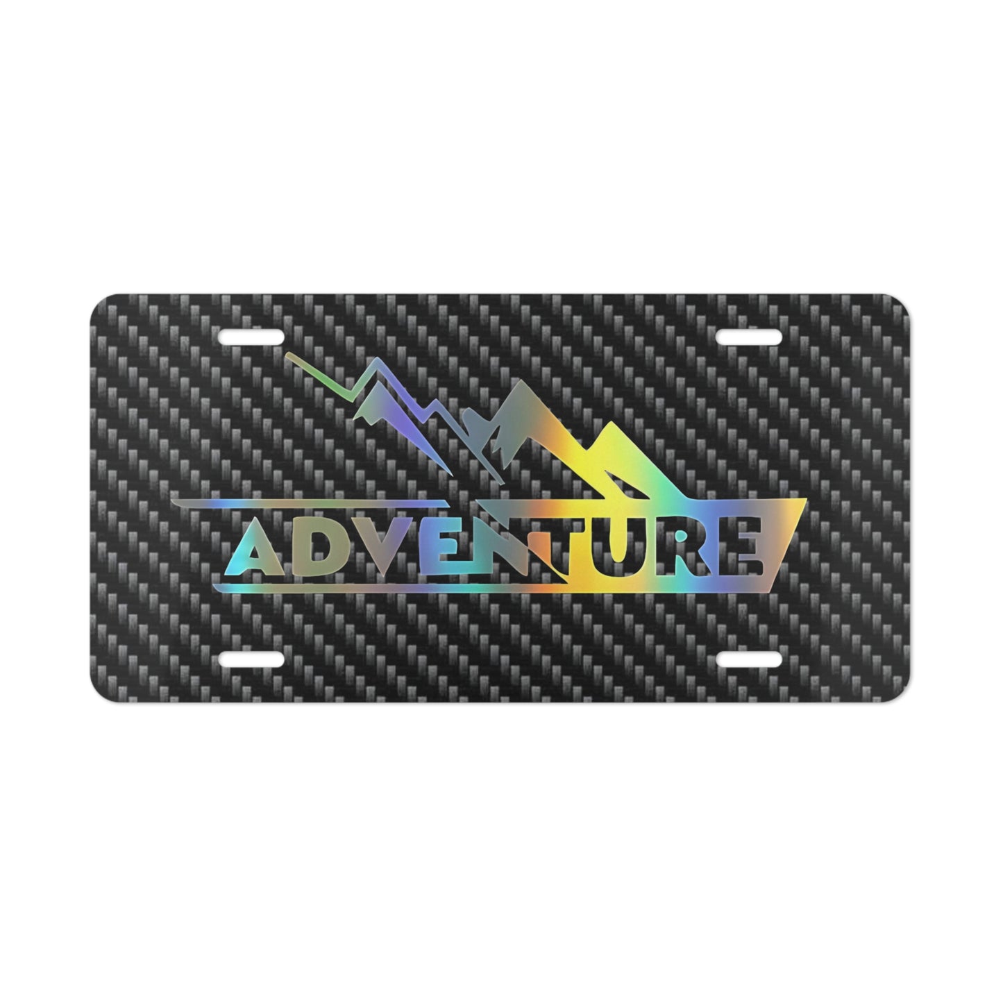 Adventure Front Vanity License Plate, Custom Black Mesh Car Tag, Mountain Bed