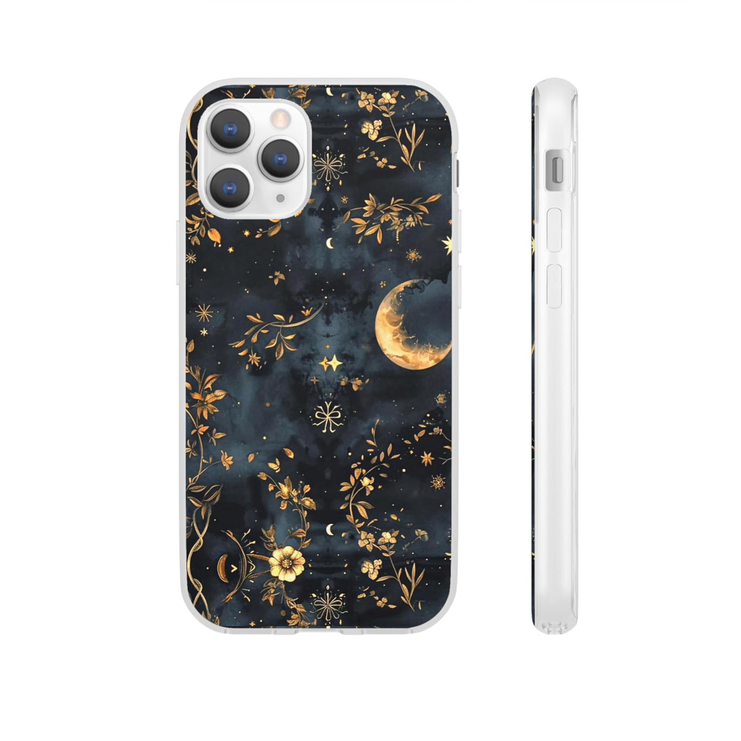 Moon And Flowers On Navy TPU Flexi Cases For iPhones and Samsung Galaxy