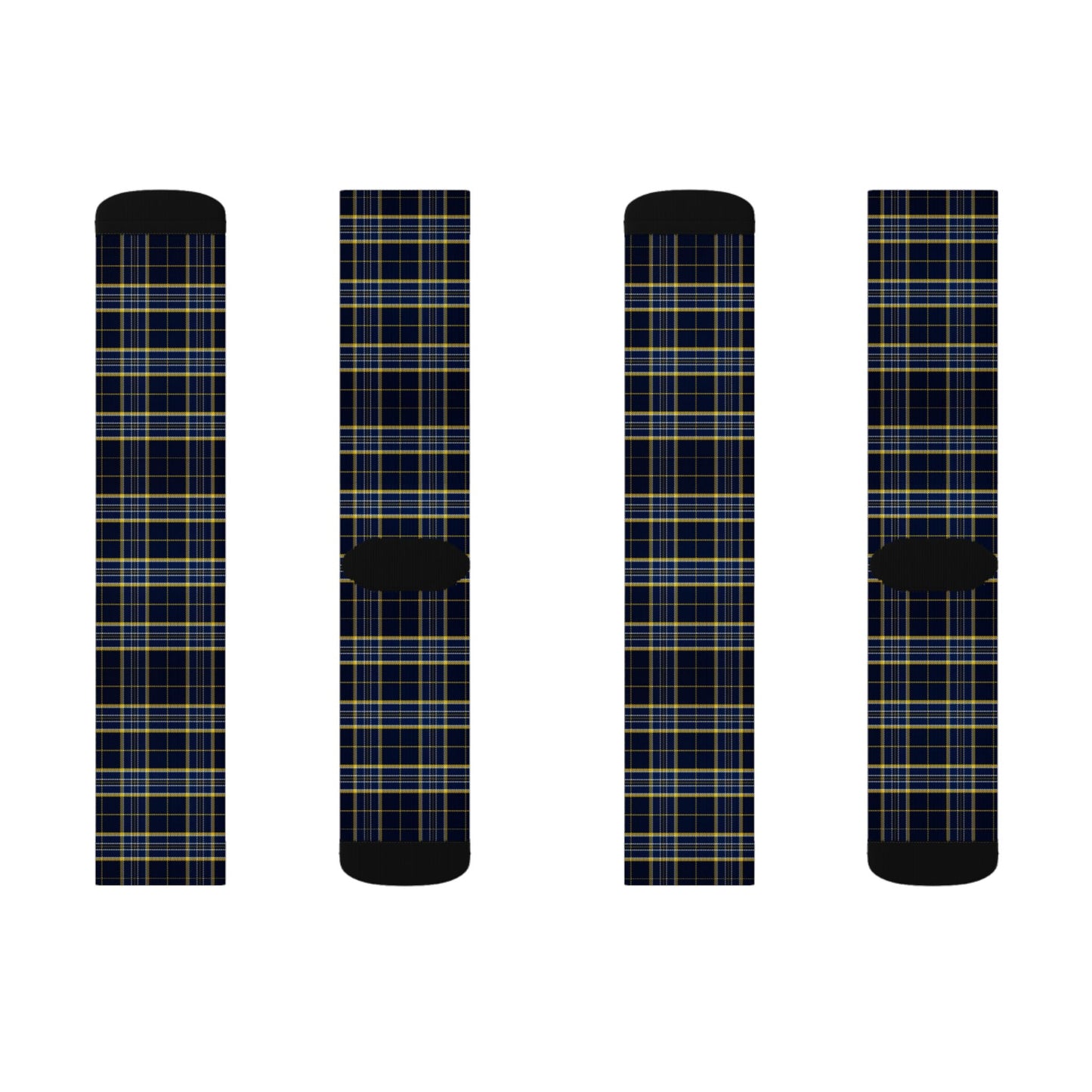 Navy Yellow Plaid Sublimation Socks | Tartan Pattern Crew Socks
