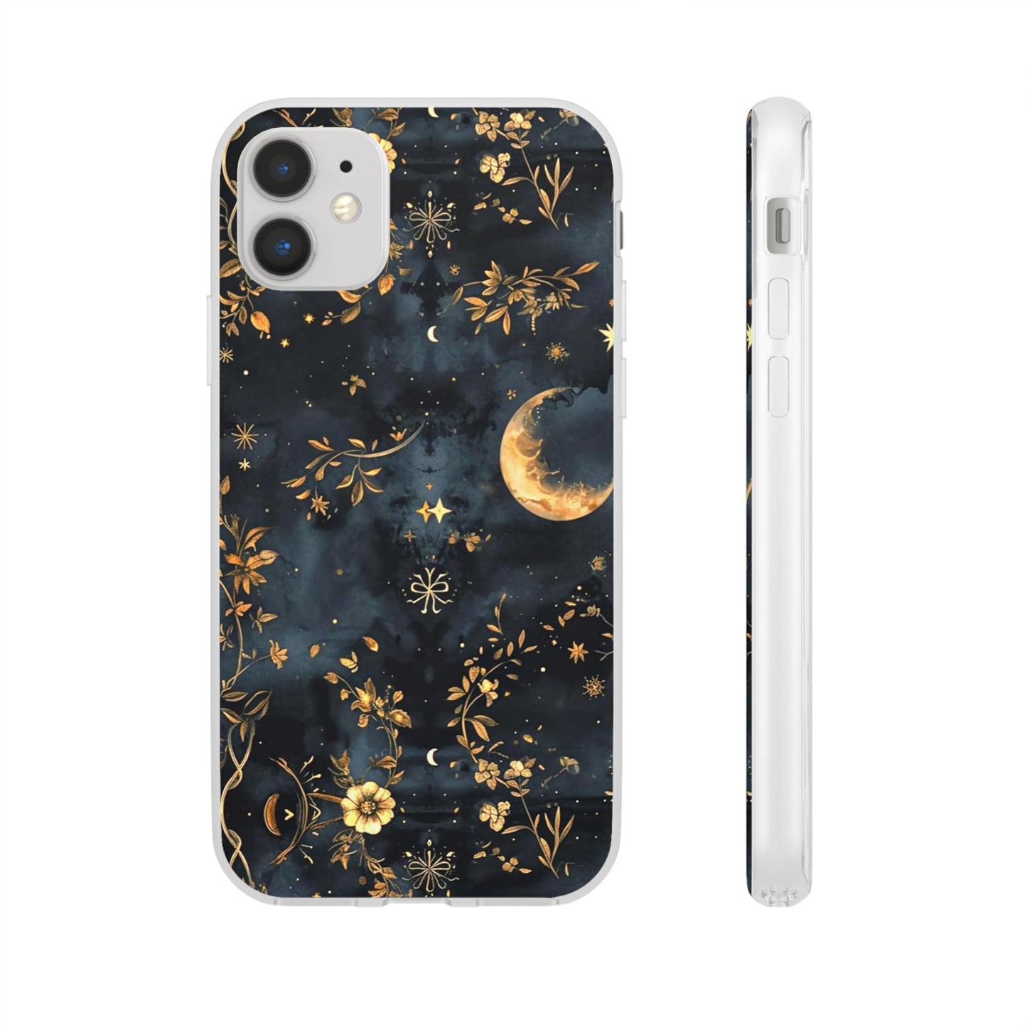 Moon And Flowers On Navy TPU Flexi Cases For iPhones and Samsung Galaxy