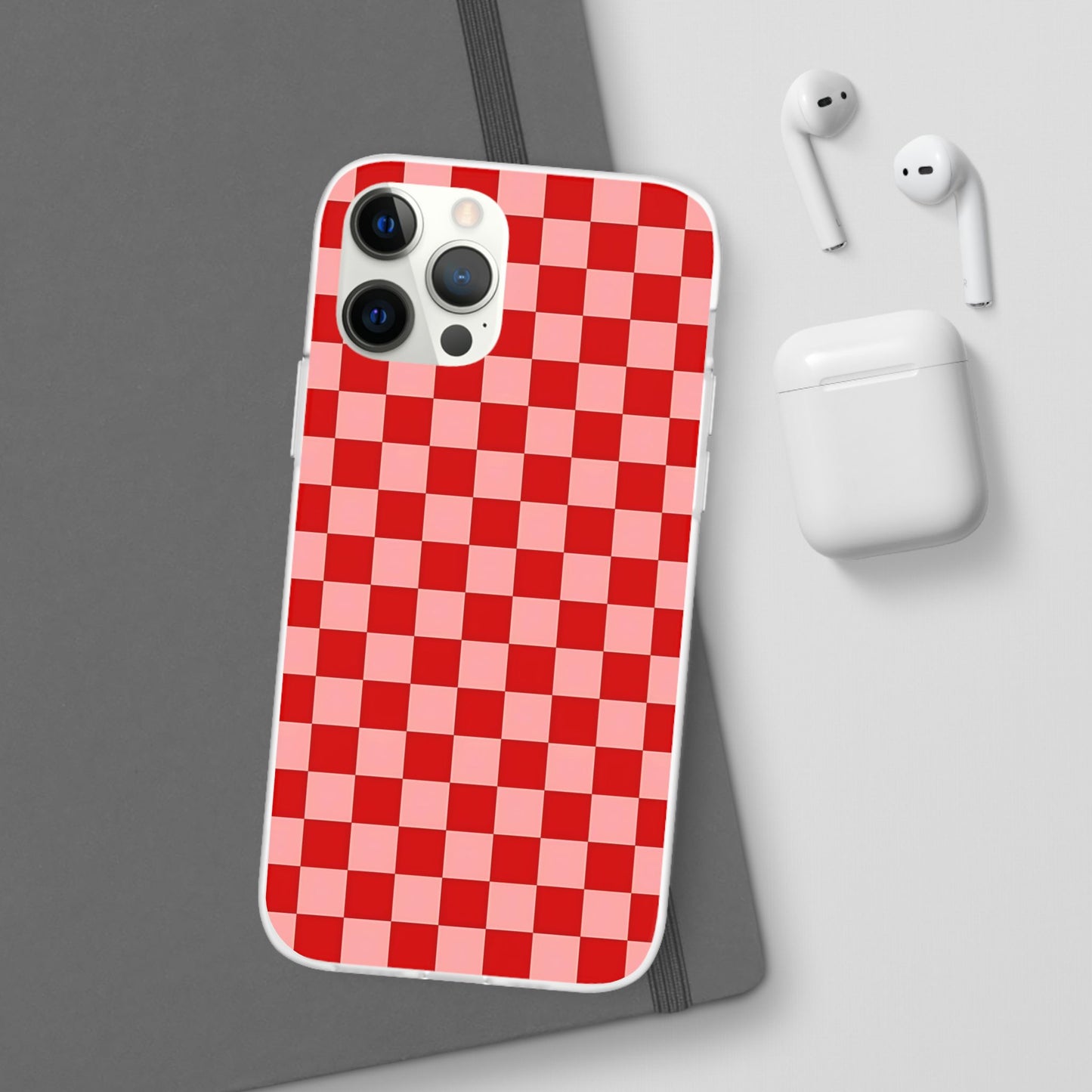 Red Checkerboard TPU Soft Flexi Phone Case — Retro Red & Pink Plaid Protective Cover