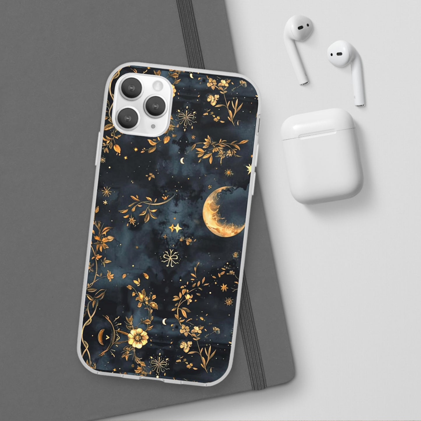 Moon And Flowers On Navy TPU Flexi Cases For iPhones and Samsung Galaxy