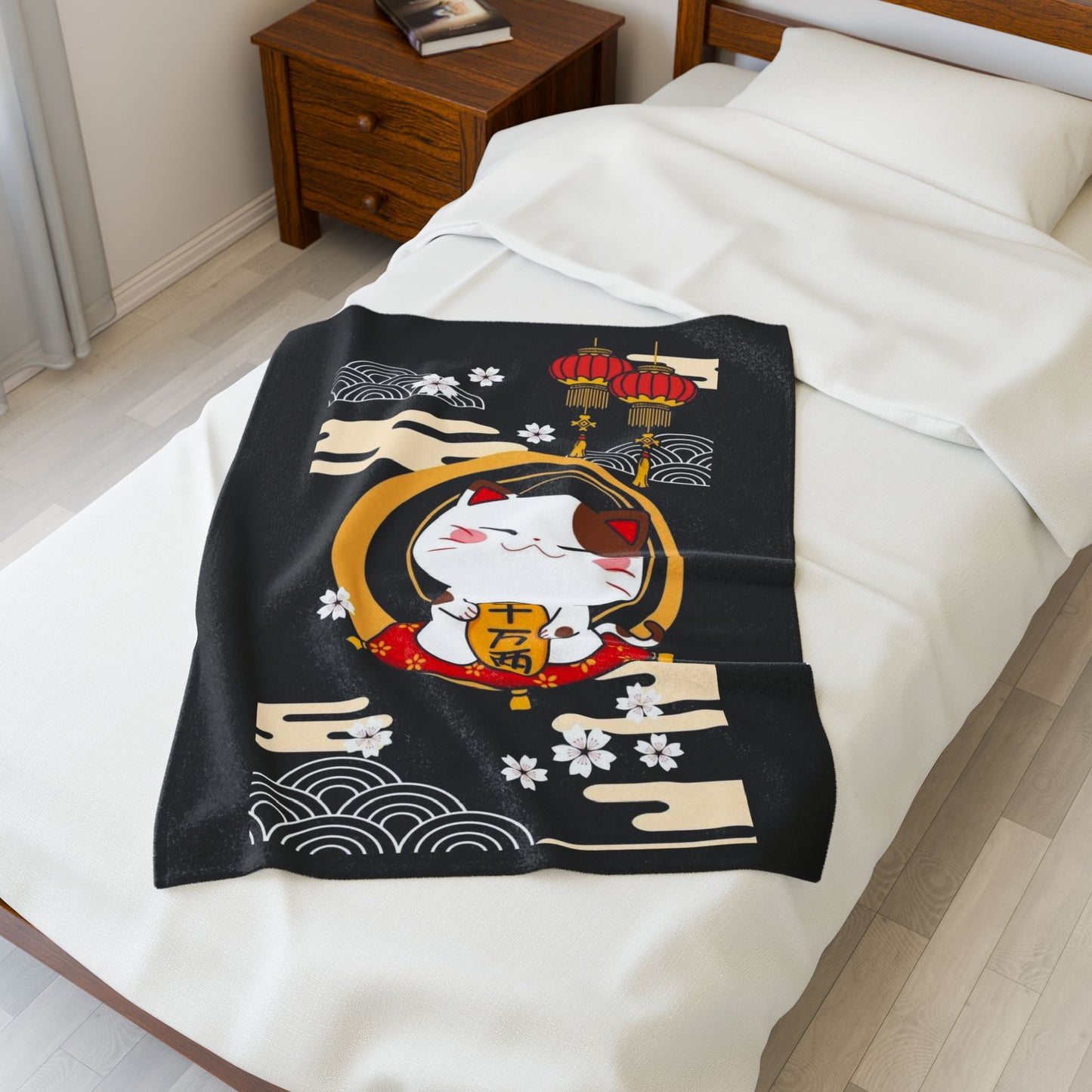 Lucky Cat-Themed Velveteen Plush Blanket, JDM Drift Car Decor, Gifts