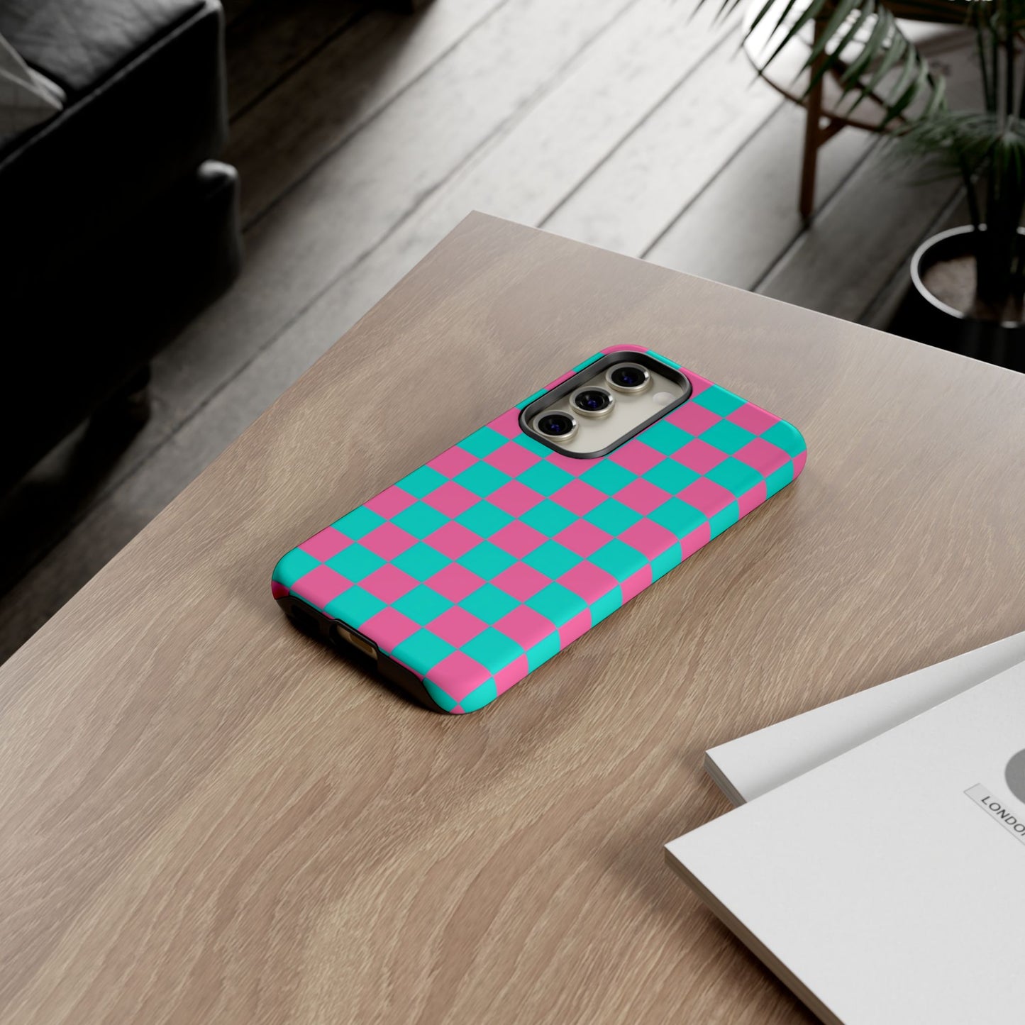 Hot Pink And Teal Checker Pattern Tough Case for iPhone, Galaxy Phones and Google Pixel