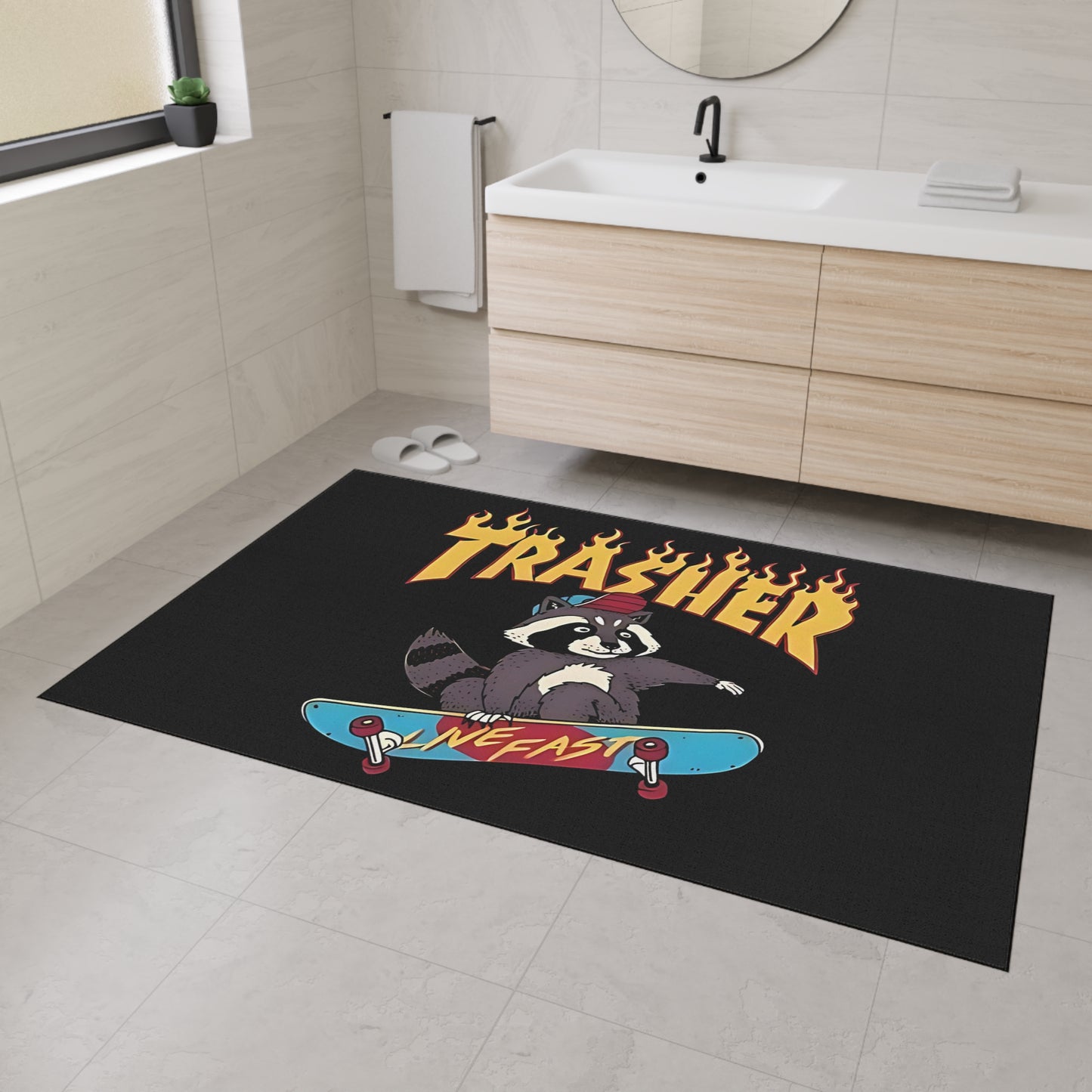 Skate Raccoon 'Trasher' Heavy Duty Floor Mat, Live Fast Skateboard Entrance Rug