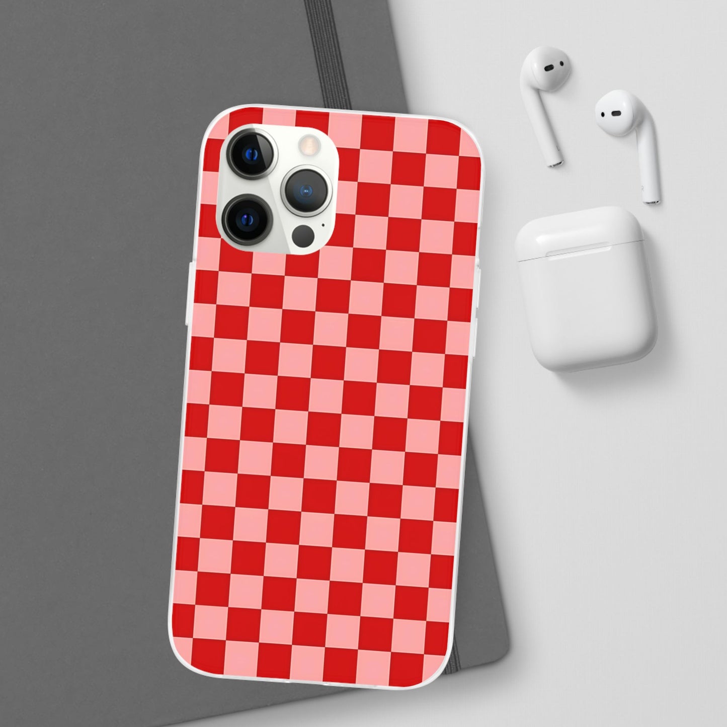 Red Checkerboard TPU Soft Flexi Phone Case — Retro Red & Pink Plaid Protective Cover