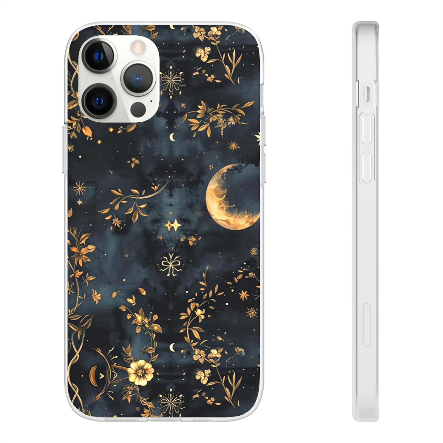 Moon And Flowers On Navy TPU Flexi Cases For iPhones and Samsung Galaxy
